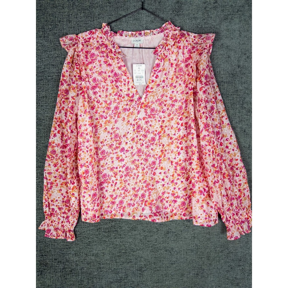 NWT J.Crew Ruffle V-Neck Floral Blouse Womens S Pink Long Sleeve Boho Top